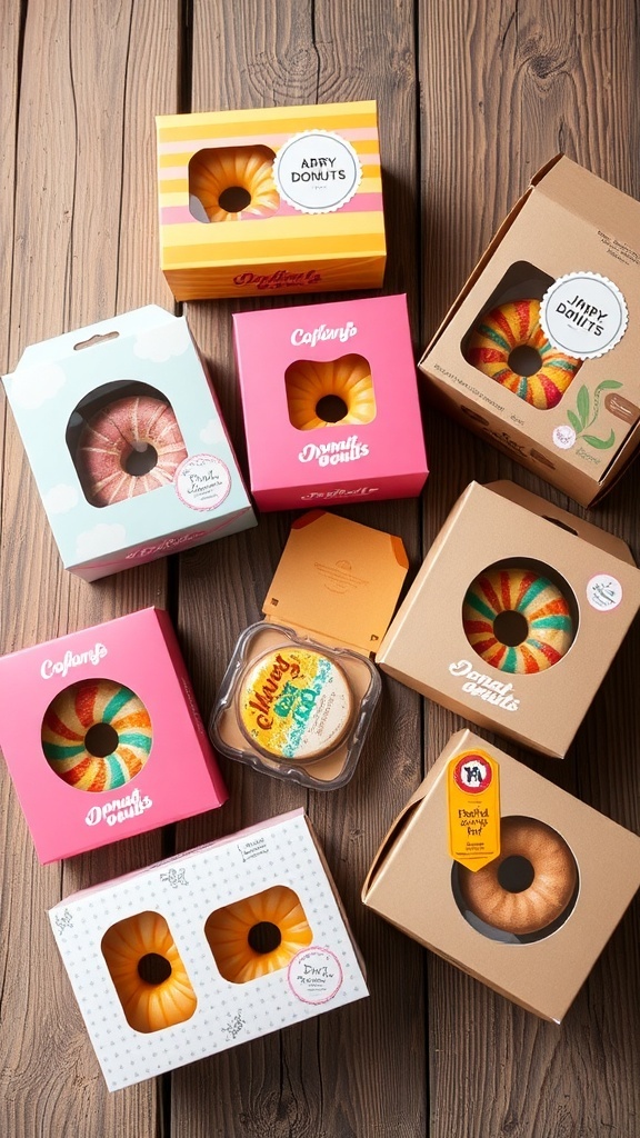 An assortment of creatively packaged donuts in colorful boxes and clear containers on a wooden table.